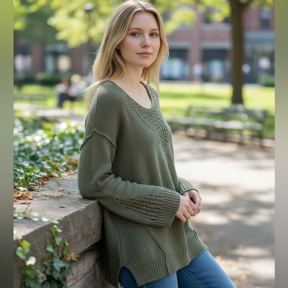 Full Tilt Olive Green V-Neck‎ Textured Knit Sweater, Medium Grunge